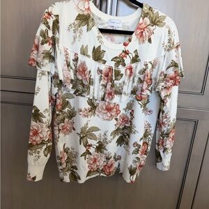 Anthropologie Floral Ruffle Sweatshirt - Cream and Green